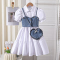 european and american style girls' cross-border shirt dress, vest design, with heart-shaped bag three-piece set for older girls