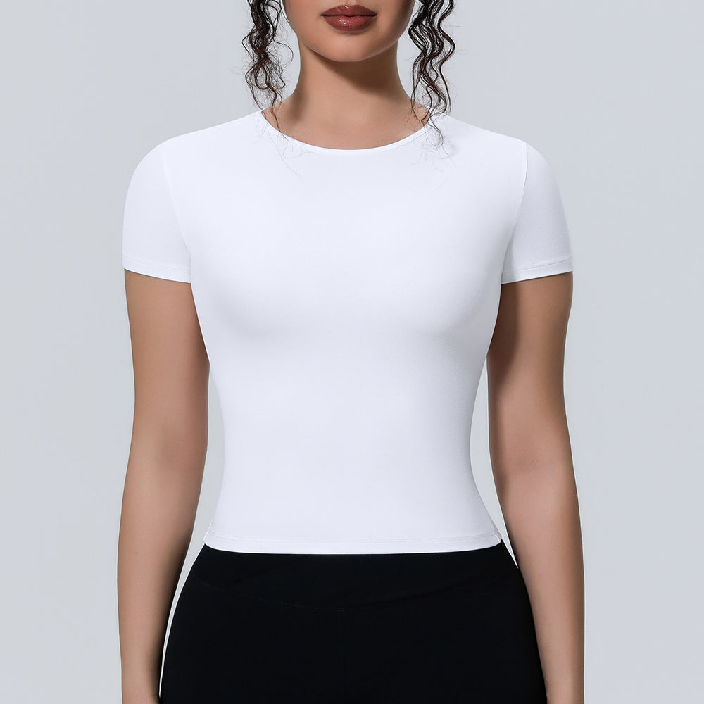 new arrival sports nude waist silm short-sleeved breathable yoga clothes t-shirt running training fitness tops for women