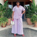 European and american women's clothing  autumn new collection: sweet and fresh striped turn-down collar short-sleeve shirt and high-waisted wide-leg pants two-piece set