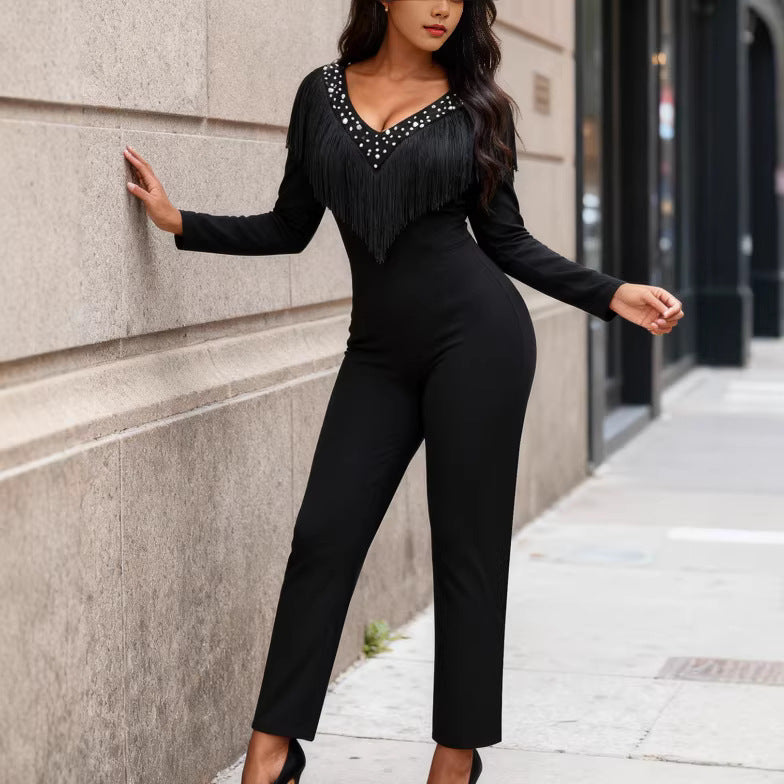 Black long-sleeve tassel jumpsuit v-neck beaded bodycon party slimming romper jumpsuits