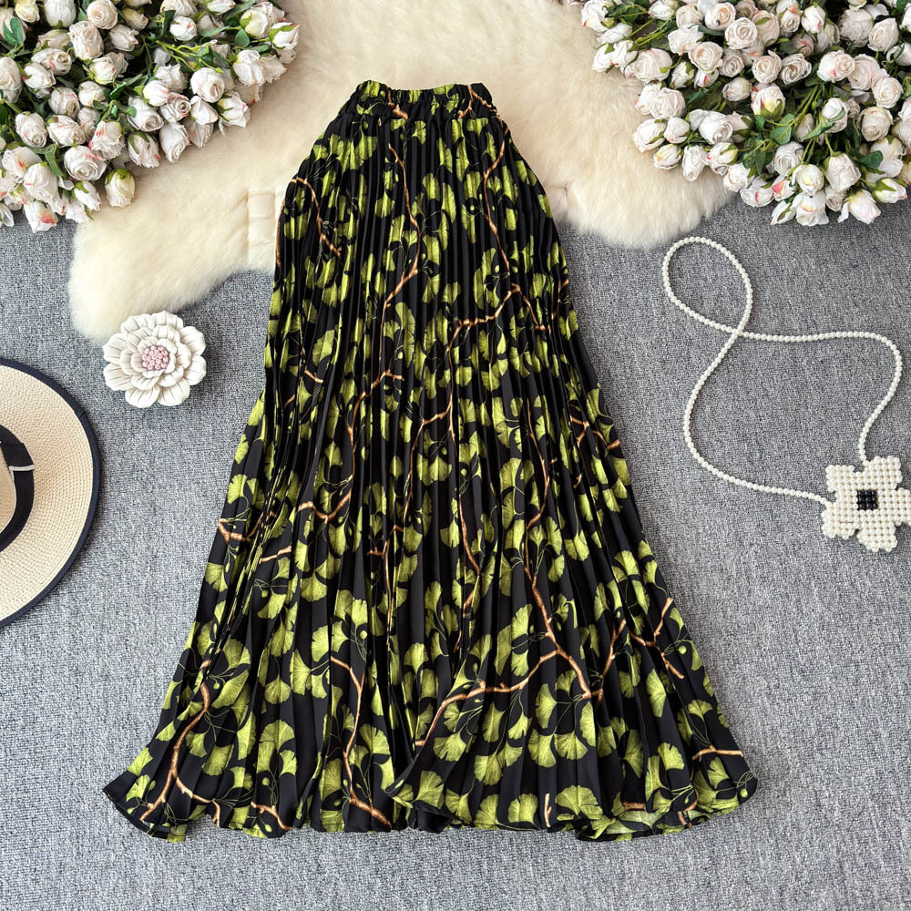 Chiffon midi skirt - women's autumn  new arrival: flattering, flowy, a-line skirt with pleats and floral print