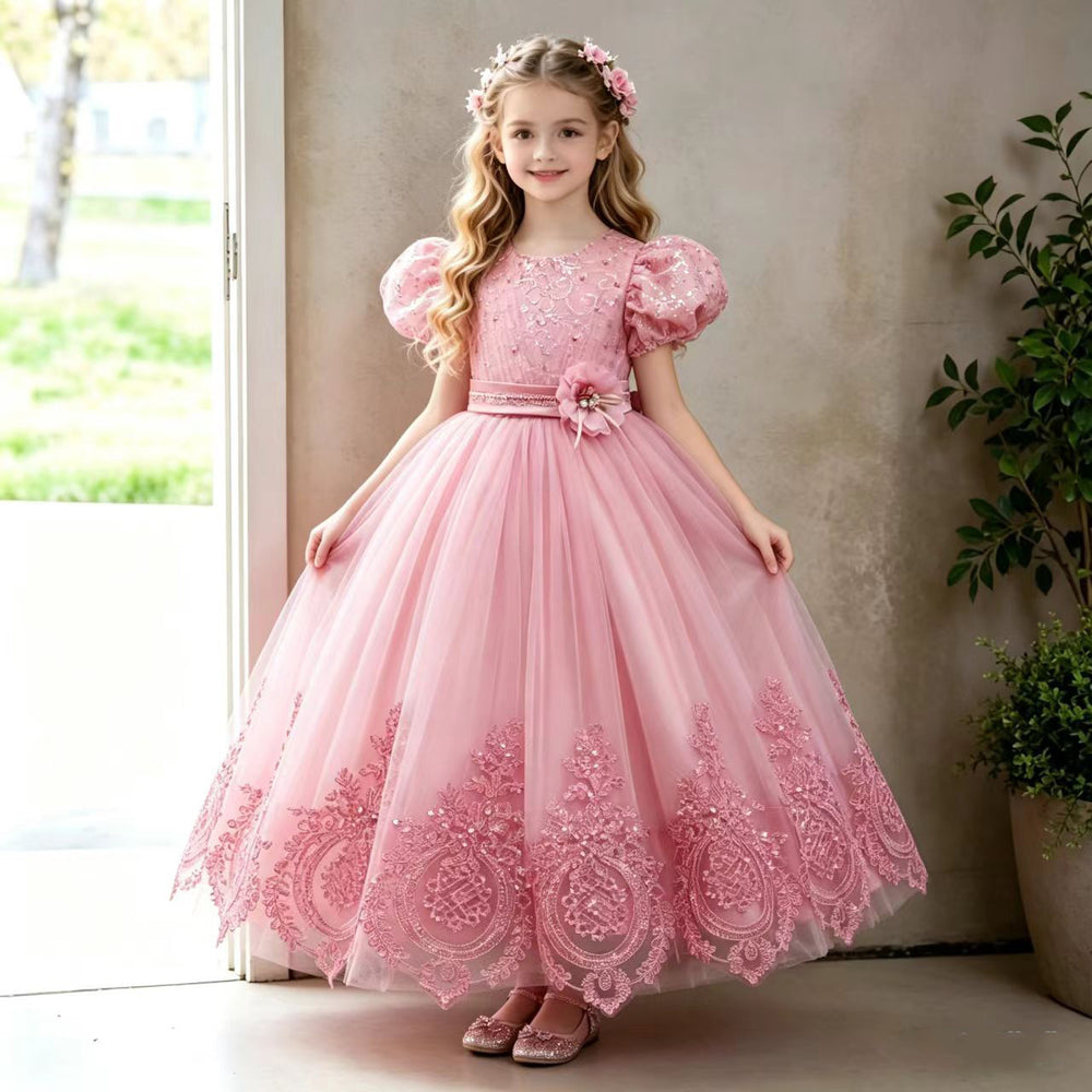 Ready-to-ship new lace wedding dress bubble sleeve princess dress girls birthday party dress kids dress