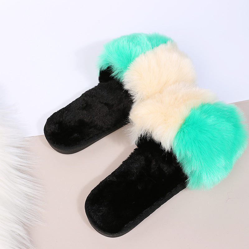 European and american style 2024 autumn/winter plus size color block thickened flat slippers, celebrity-inspired fuzzy slippers for women