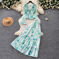 French romantic rose floral two-piece set for women - spring v-neck floral print lantern sleeve slimming chic outfit
