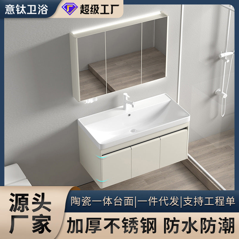 Stainless steel moisture-proof bathroom cabinet, smart mirror cabinet, washstand, ceramic integrated washbasin, deepen seamless washstand