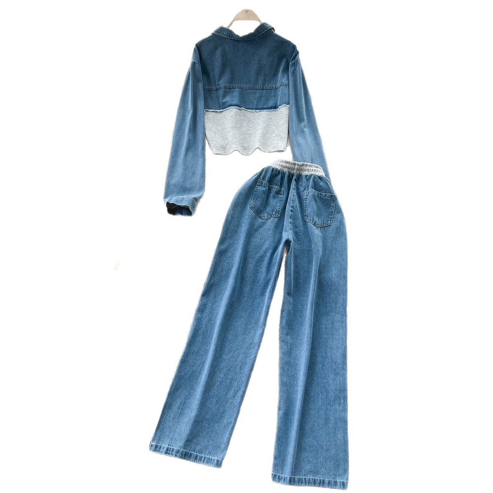 Hong kong style casualsuit women's high waistpatchwork denim wide legstraight-leg pants two-piece setfashion lapel jacketoutwear