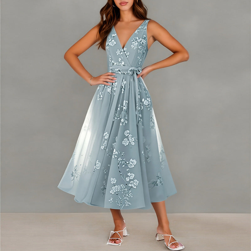 women's summer maxi dress - cross-border european & american style - elegant printed waist-tie dress