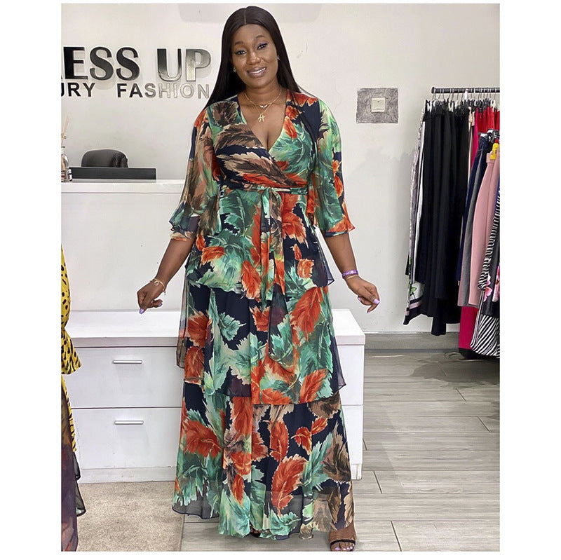 fashion v neck flower beach dress  plus size women's clothing casualloose swing long skirt