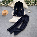 Commuting style strap waist knittingtopsloose pantstwo-piece setfemaleautumslimslimming look workplace suit outfit