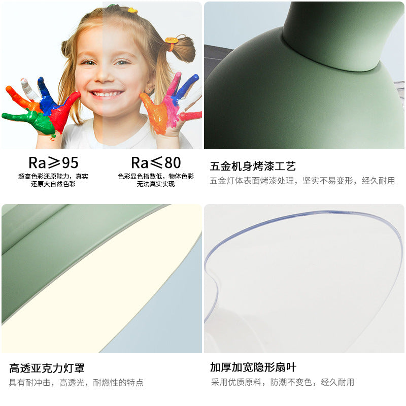 Macaron fan light full spectrum restaurant ceiling fan light Nordic log wind bedroom soft wind electric fan light Zhongshan lighting