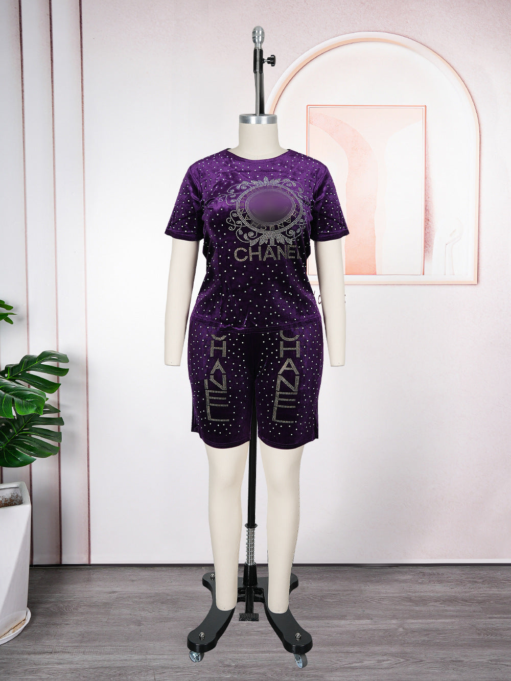 supply  african women's clothing plus size t-shirt + shorts hot diamond beaded letter sports suittwo-piece set