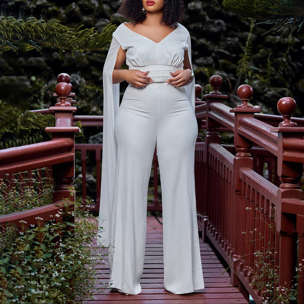 C8561 european and american style fashionable elegant commute v-neck top and wide-leg pants two-piece set, plus size african export outfit