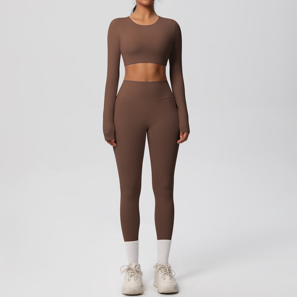 Ready-to-ship, solid-color, double-sided nylon brushed fabric, barely-there feel, form-fitting activewear yoga set for running and fitness, two-piece