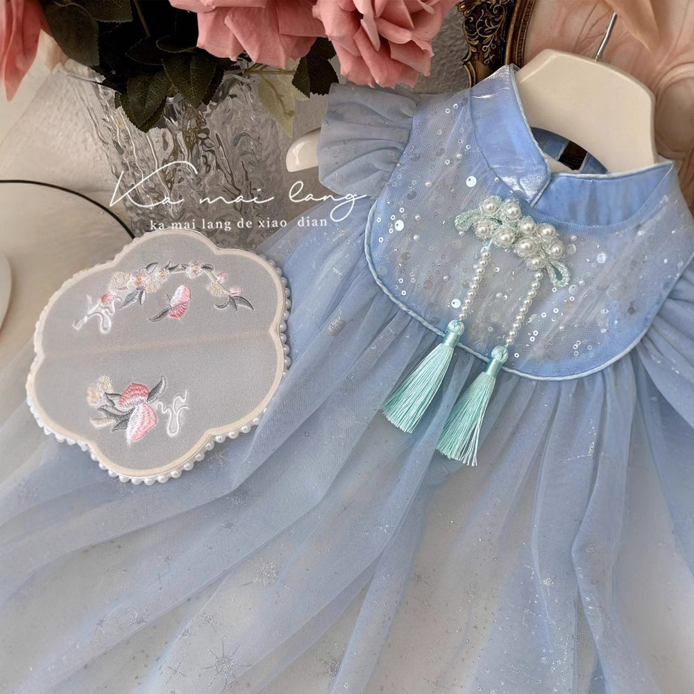 Girls' dress  summer new chinese style cheongsam with frog closures, tassel mesh skirt, and flutter sleeves