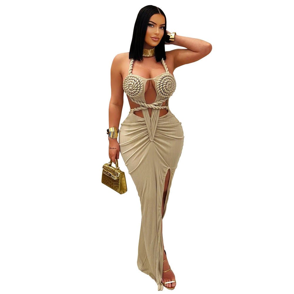 C7407 cross-border   fashion women's sexy knitted halter backless solid color dress