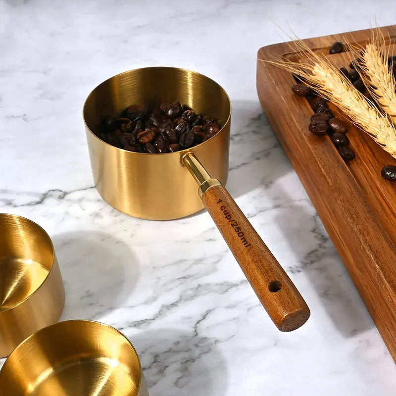 Factory direct cross-border stainless steel long-handled measuring spoons & cups - wooden handle stainless steel measuring cups - baking tools & coffee measuring spoons
