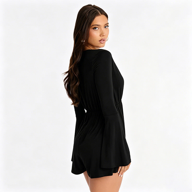 European and american export women's clothing  summer new solid color deep v long sleeve belted ruched sexy shorts jumpsuit