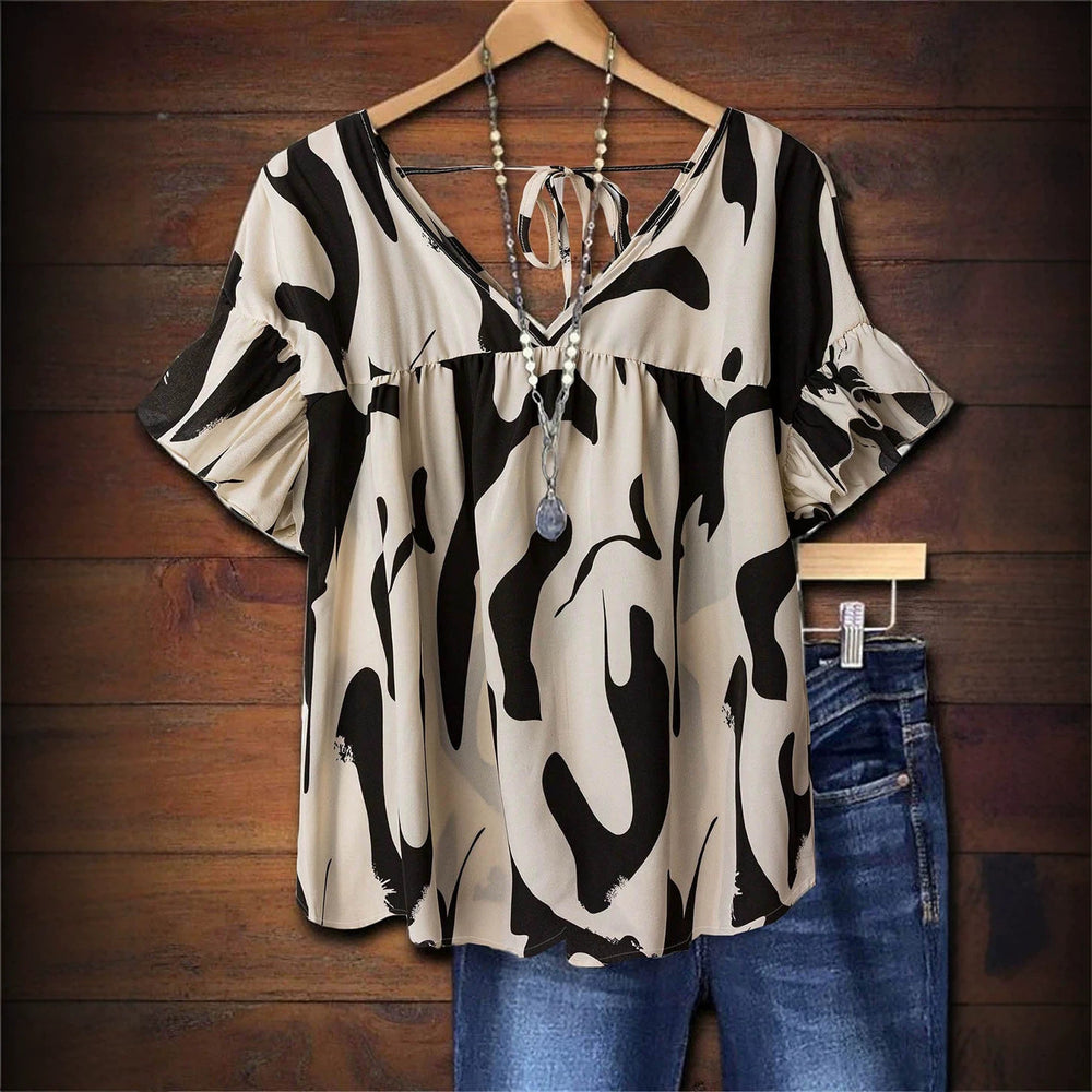 European and american casual women's blouse - abstract graffiti print, v-neck, ruffle sleeves, tie-back, loose fit pullover shirt
