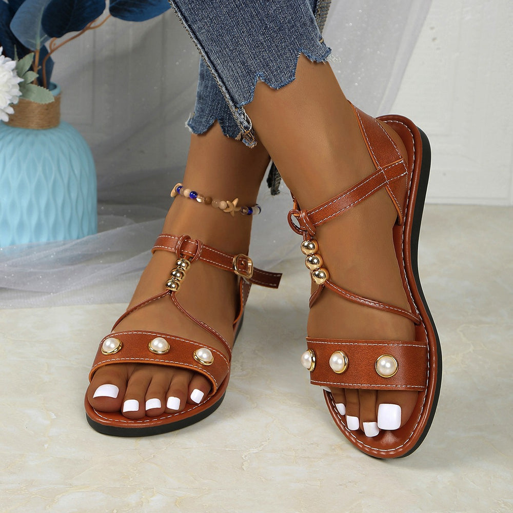 Women's foreign trade sandals - new  summer collection: non-slip, flat, european & american style, versatile handmade beaded flat sandals - wholesale