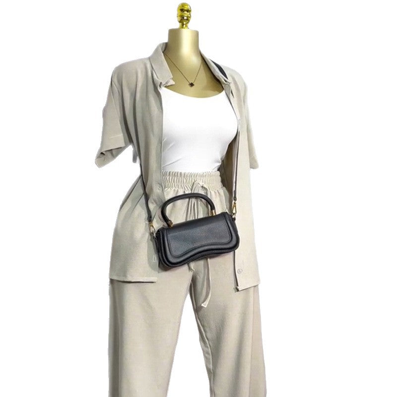 European and american cross-border women's fashion  autumn new arrival: casual turn-down collar loose-fit short sleeve shirt and tie-waist wide-leg pants set