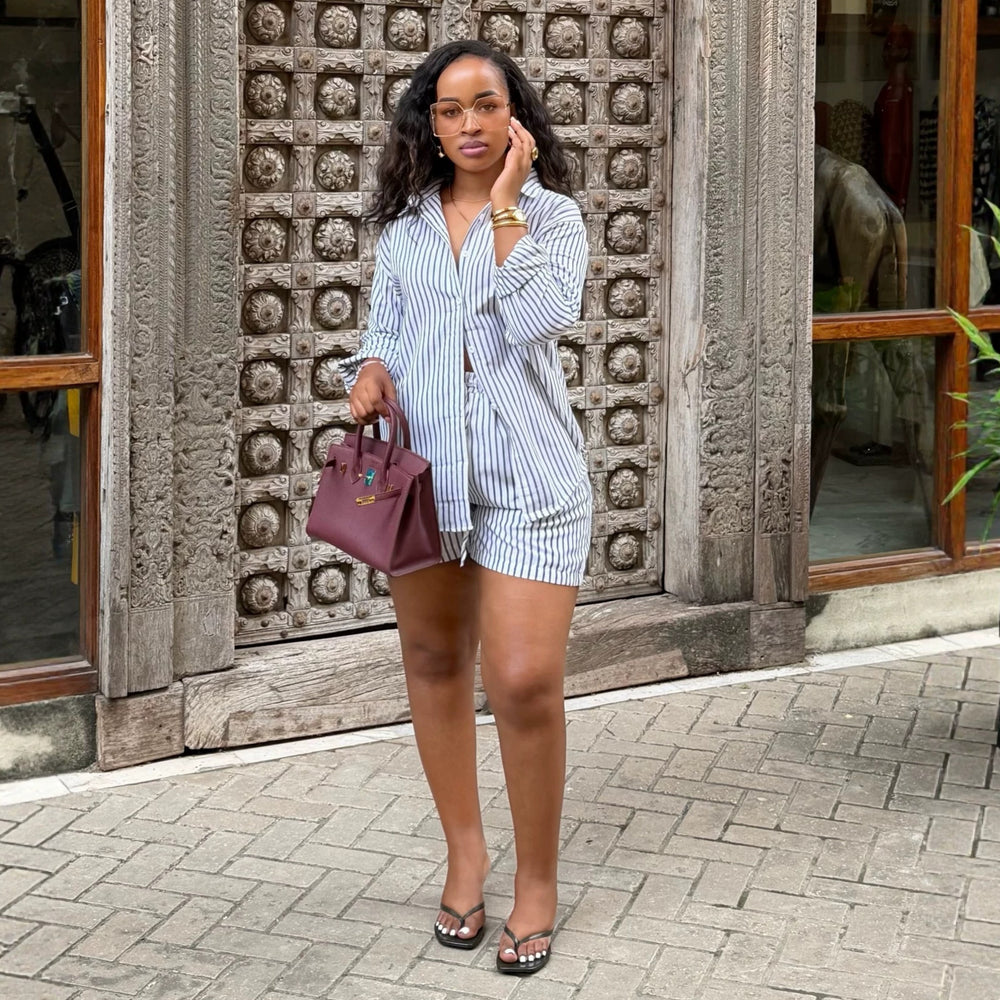 European and american cross-border women's fashion:  summer new arrivals - stylish loose striped long-sleeve shirt and high-waisted shorts casual set