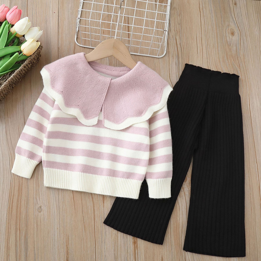 Girls' knitted sweater two-piece set - new autumn/winter collection - big collar, round neck wool sweater outfit for little girls
