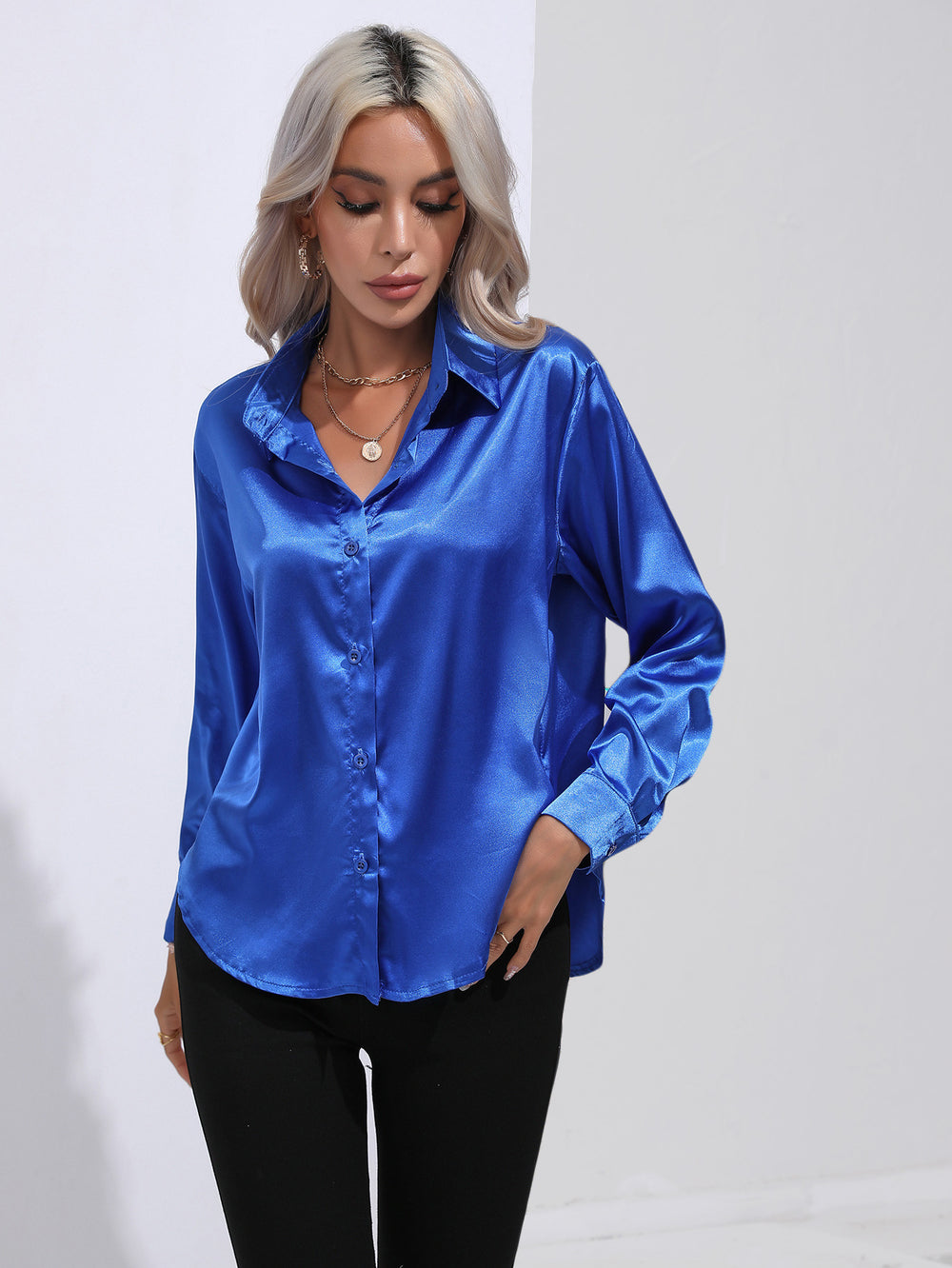 Hot-selling real shot: women's satin shirt - faux silk long sleeve blouse, new spring/summer collection, european & american cross-border women's fashion