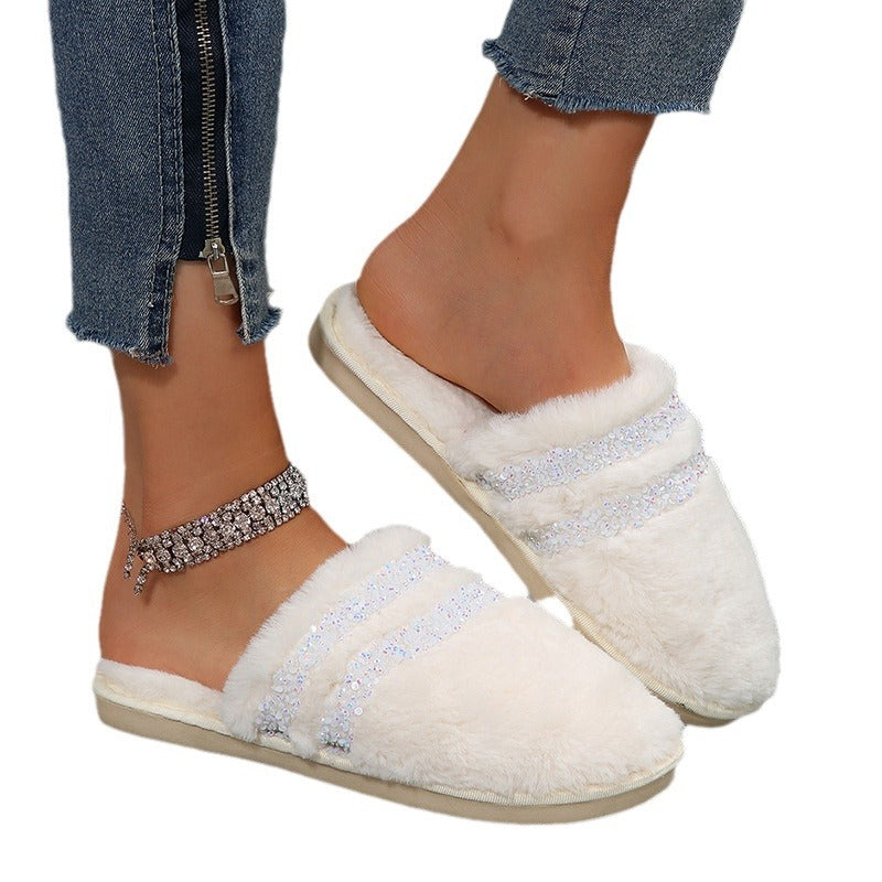 2024 fuzzy slippers for women, winter home wear, warm, street vendor style, "stomping on shit" comfort, rhinestone couple's home cotton slippers, women's outdoor wear