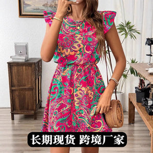 women's printed dress -  summer casual new floral ruffle beach vacation dress for women