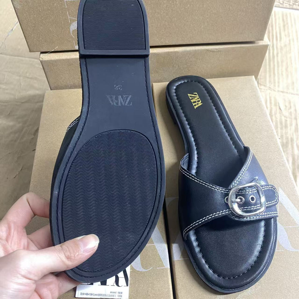 Za 2025 summer new women's flat sandals - leather strap outdoor sandals - black one-strap versatile sandals