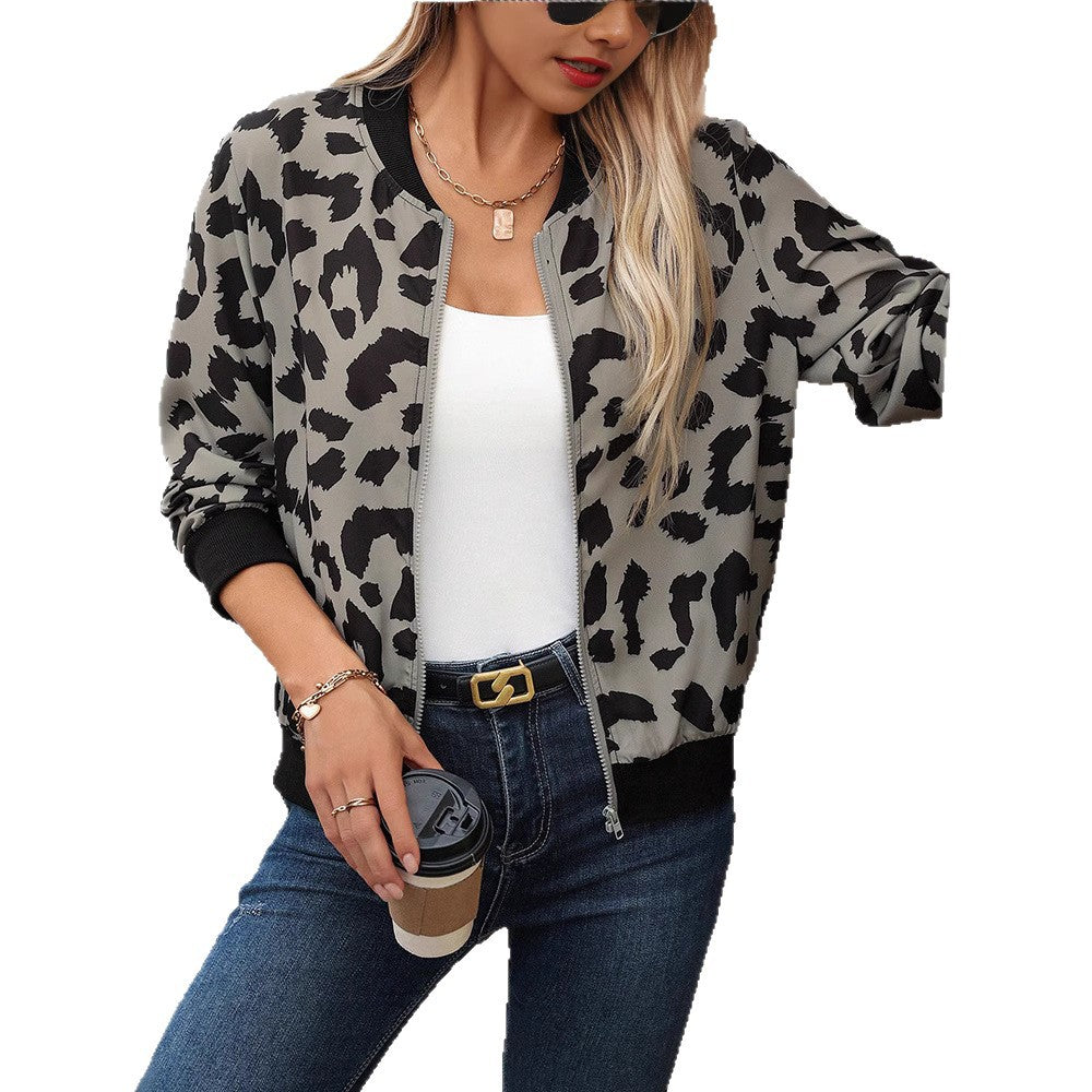 European and american cross-border  leopard print women's cardigan jacket long sleeve versatile cropped baseball jacket