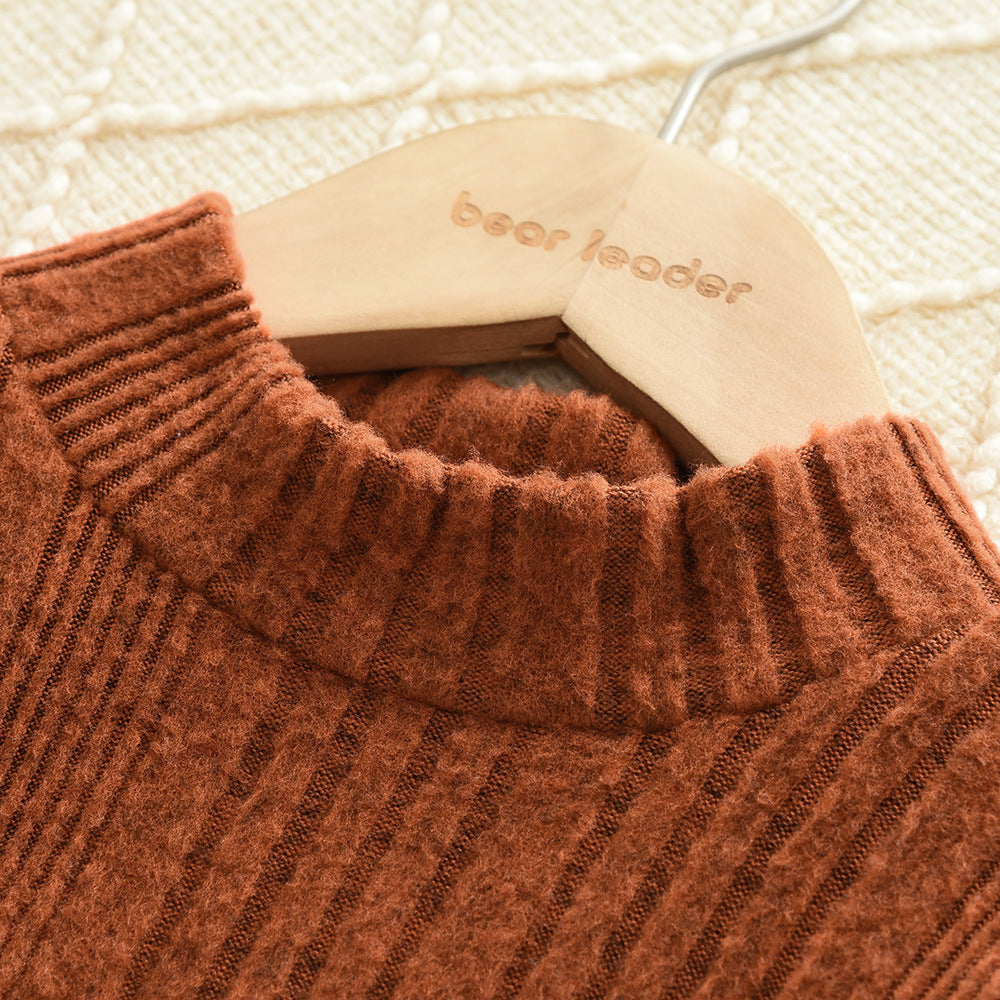 Girls' european and american style autumn/winter  ribbed long-sleeve inner layer high-neck dress with plush vest two-piece set