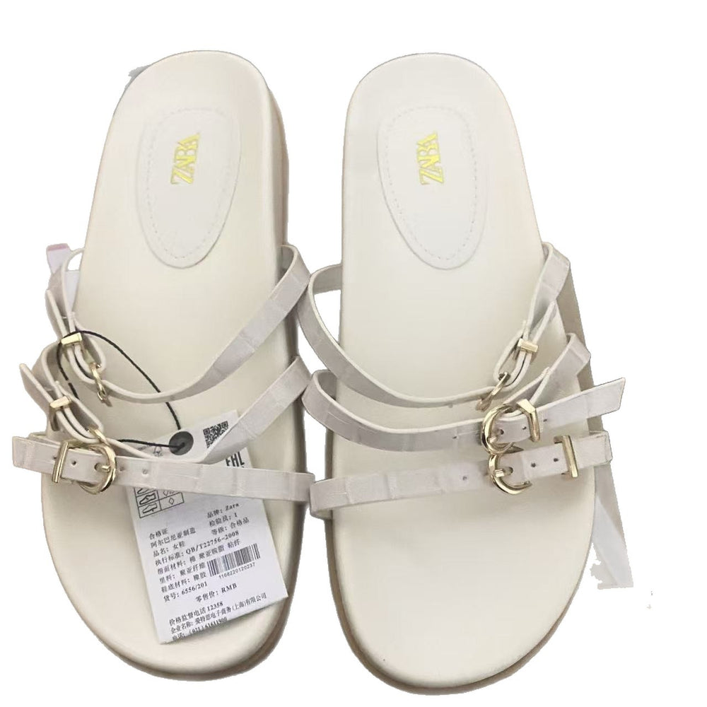 Za2025 new summer genuine leather thong sandals with buckle strap, flat open-toe casual comfortable beach slides