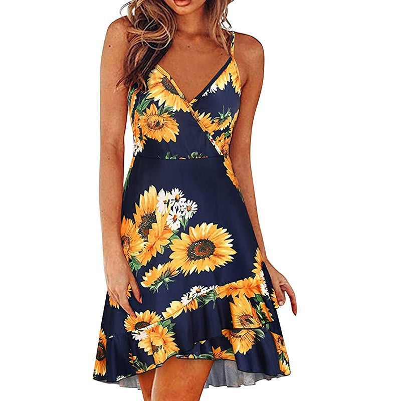 summer new european and american style sexy fashion v-neck cami dress sleeveless backless printed dress