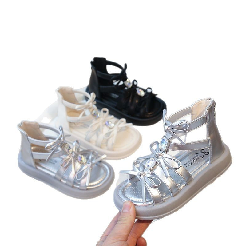 Children's Roman sandals 2025 summer new Korean version girls rhinestone bow princess shoes soft-soled beach shoes