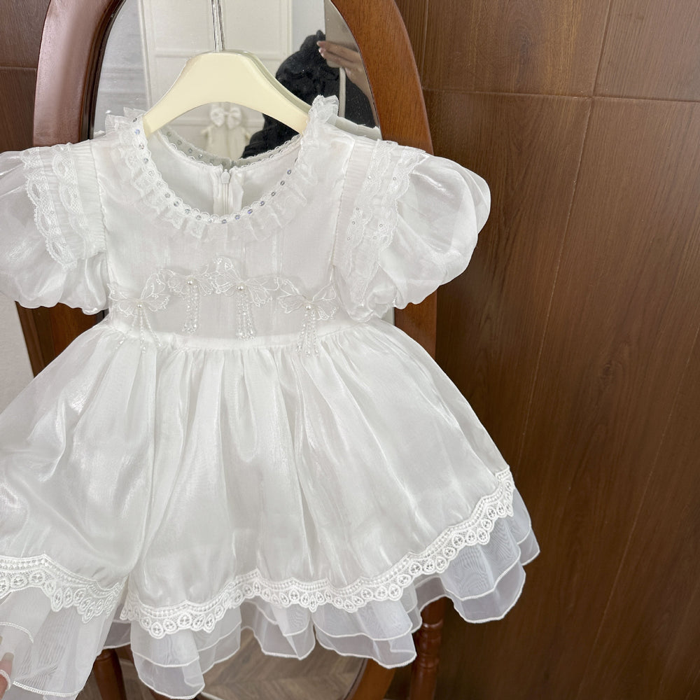 Princess dress for girls, summer , baby white dress, flower girl wedding dress, birthday first birthday tutu dress