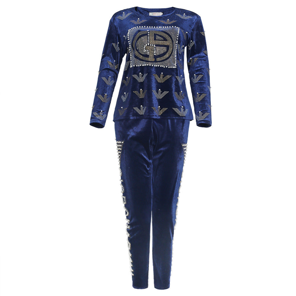 new winter collection: african-inspired hotfix rhinestone & beaded letter long sleeve tee + pencil pants fashion casual two-piece set