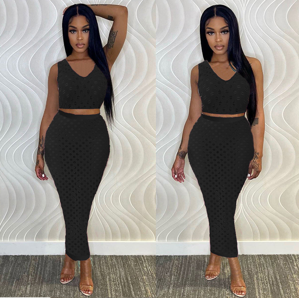 European and american cross-border women's fashion:  summer sexy hollow-out mesh tank top + maxi skirt set