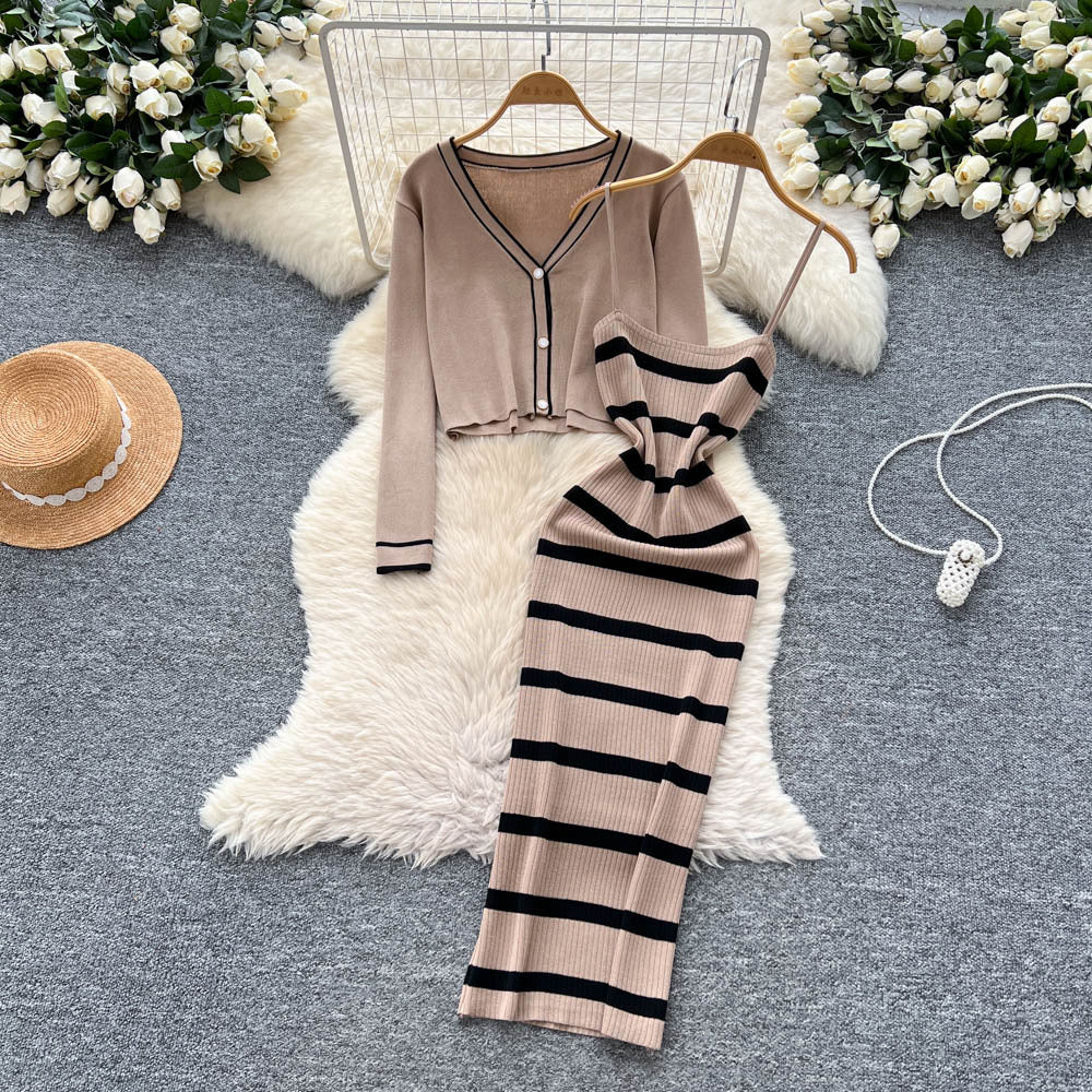 Feminine style outfit: 2025 new arrival - slim-fit striped knit camisole dress with long-sleeved cardigan jacket