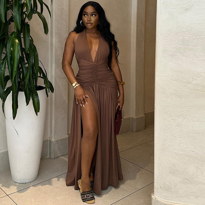Fashioninsexport women's solid color dress sexy sleeveless deep v neck slit elegantcasual waist dress dropshipping