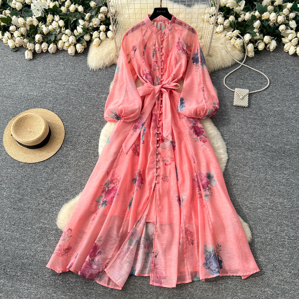 French court style dress - women's autumn  - high-end fashion, tie-waist, lantern sleeves, single-breasted long dress