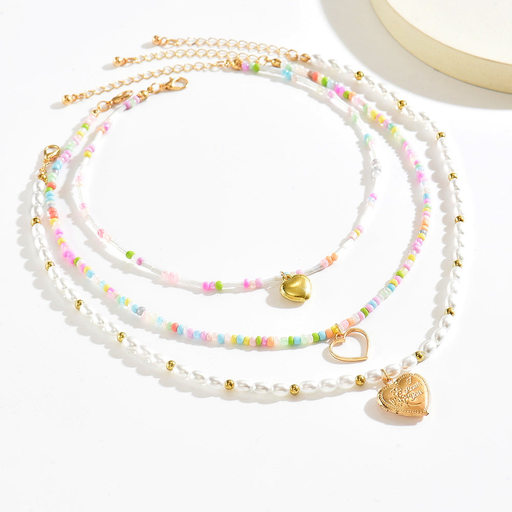 European and american cross-border bohemian heart pendant necklace, fashionable multi-layered colorful beaded faux pearl choker