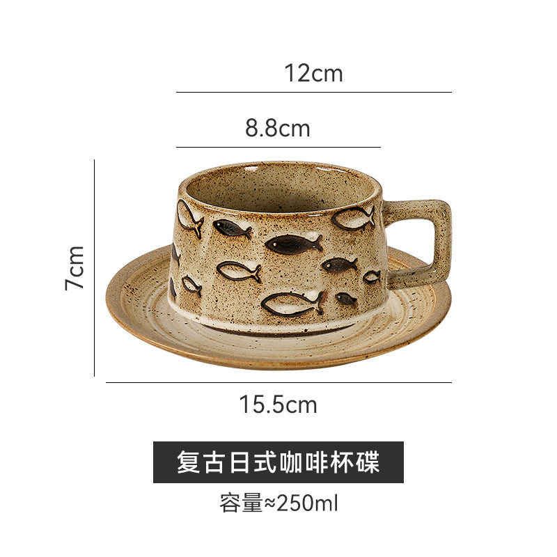 Vintage stoneware underglaze coffee cup and saucer set - ceramic drinking cup - office milk tea cup - high-style terracotta tea cup