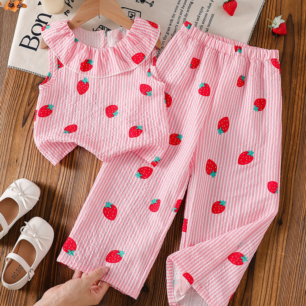 Summer girls' pink striped strawberry sleeveless set - kids' ruffle collar bubble cotton tank top and wide-leg pants two-piece trendy outfit