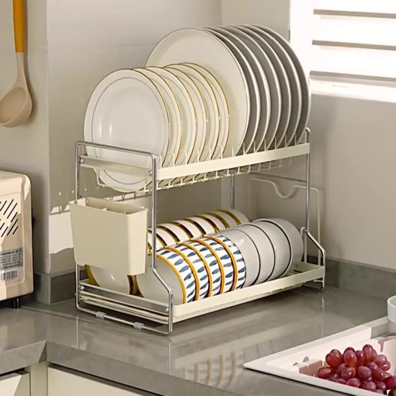 Accessible luxury cream white kitchen daily use bowl rack storage rack countertop for bowls, plates, chopsticks, multifunctional cutting board, dishes storage