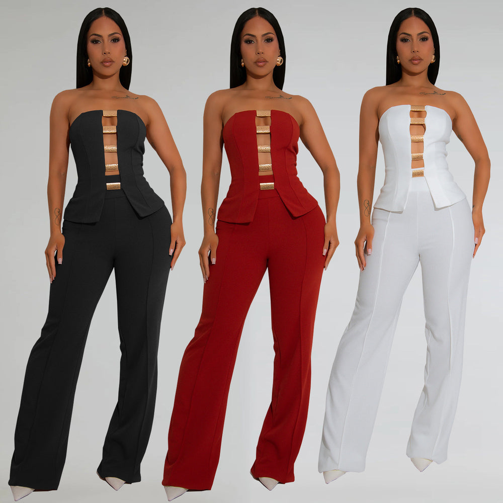 C7367 cross-border   fashion women's sexy bandeau gold buckle wrap-around arm pants two-piece set