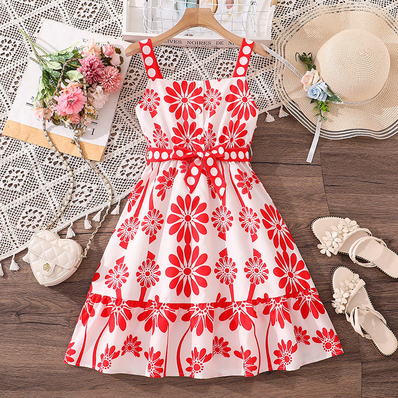 Girls' dress - new spring/summer  collection: european & american casual resort style, printed sleeveless button-up tie-waist dress