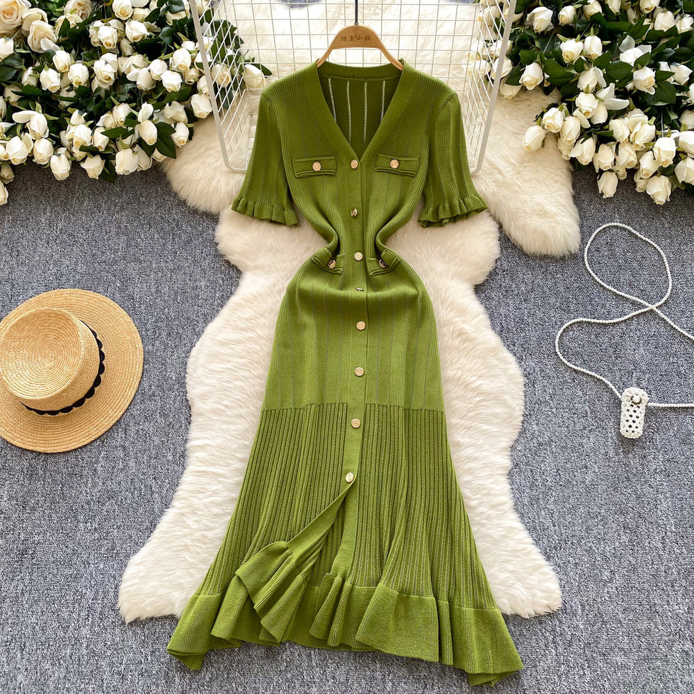 French retro chic knit dress - women's summer ruffle trim single-breasted design - elegant & luxe maxi dress