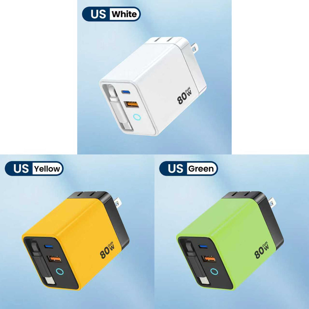 80w gan charger pd fast charging adapter compatible with apple, huawei, and xiaomi, featuring a foldable retractable cable with indicator light