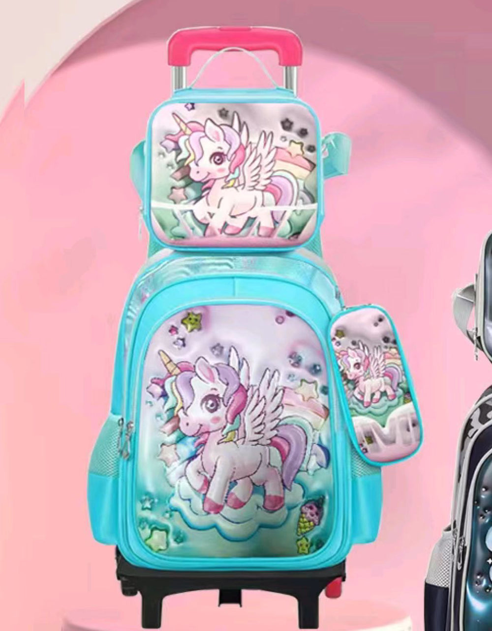 New arrival concave and convex leather primary school student pull rod school bag for grades 3 to 6 kids cartoon three-piece set backpack in stock